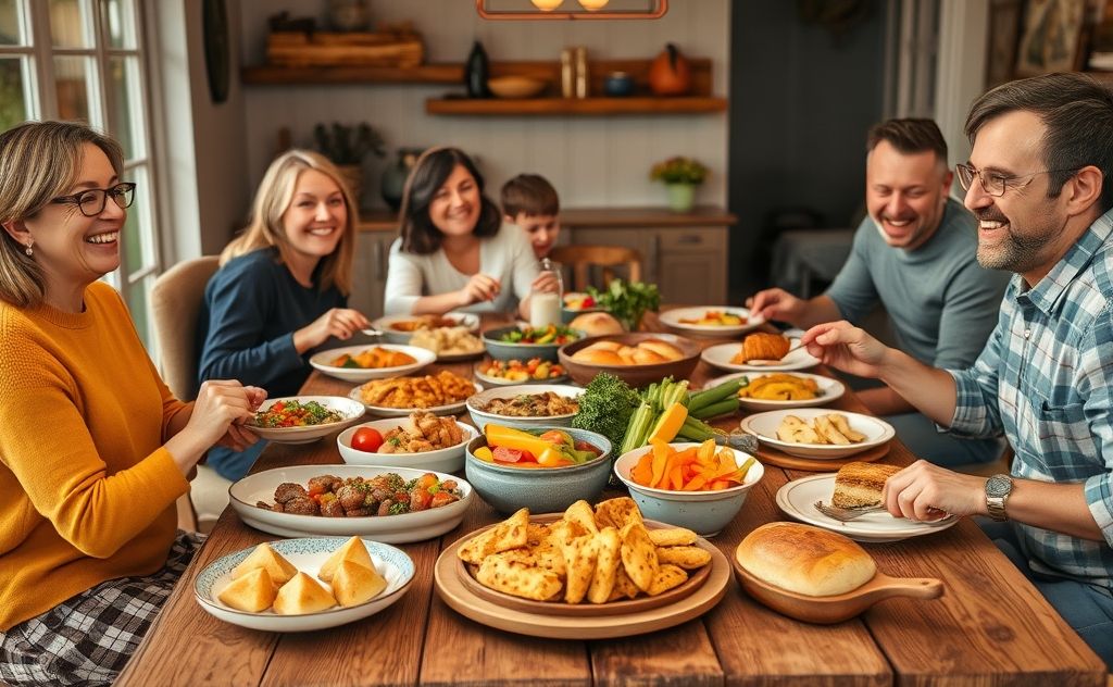 A cozy family dinner table set with delicious food and laughter.