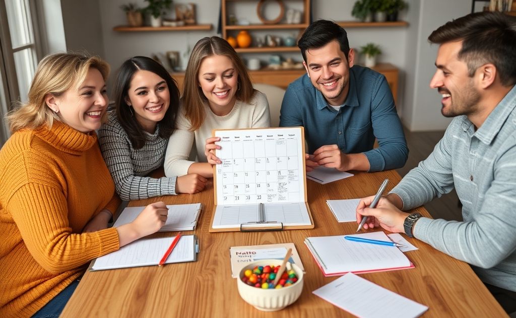 A cozy family gathering around a table with a calendar and planner.