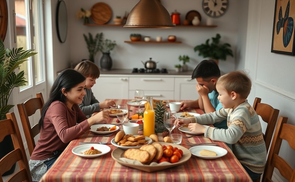 A cozy family gathering around a table with shared activities.
