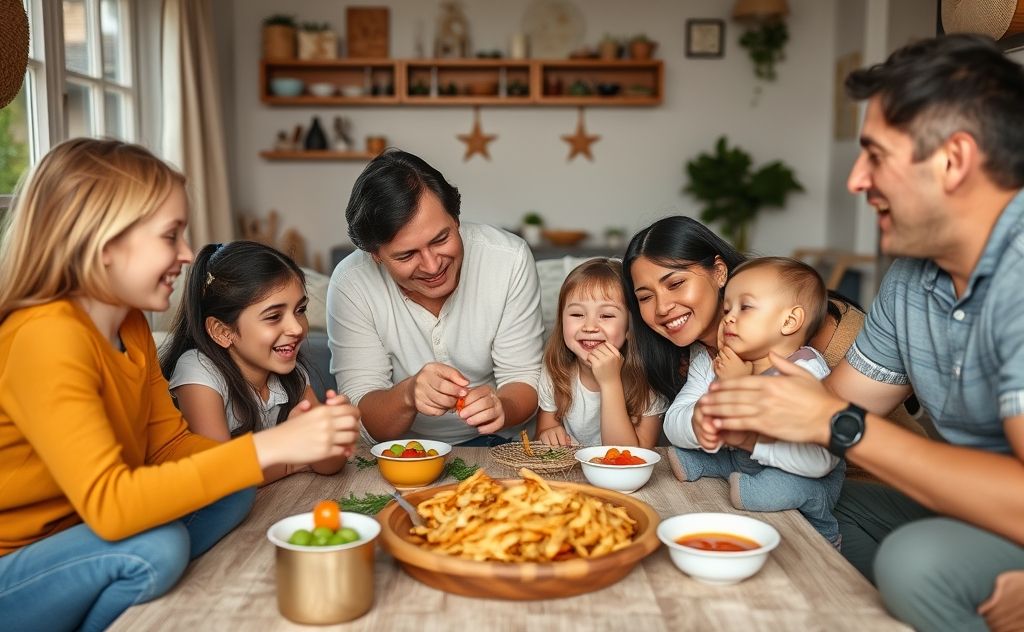 A cozy family gathering with playful activities and laughter.