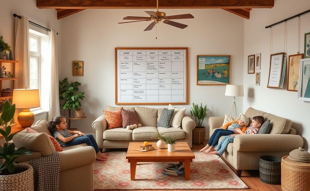 A cozy family living room with a schedule board and activities.