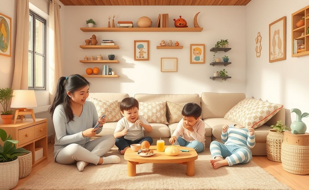 A cozy family scene with organized daily routines and playful activities.
