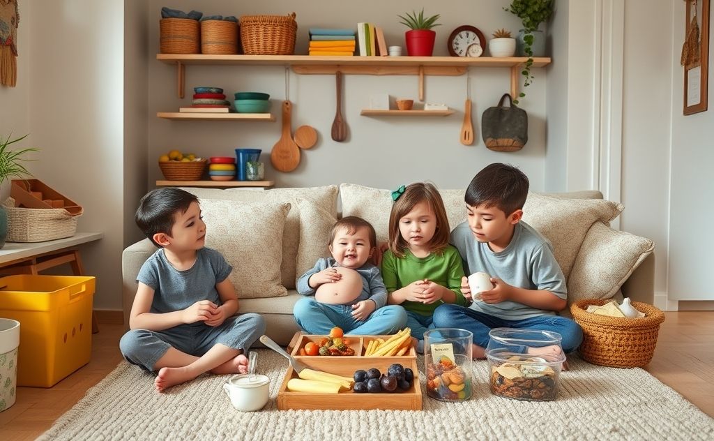 A cozy family scene with organized toys and a meal prep setup.