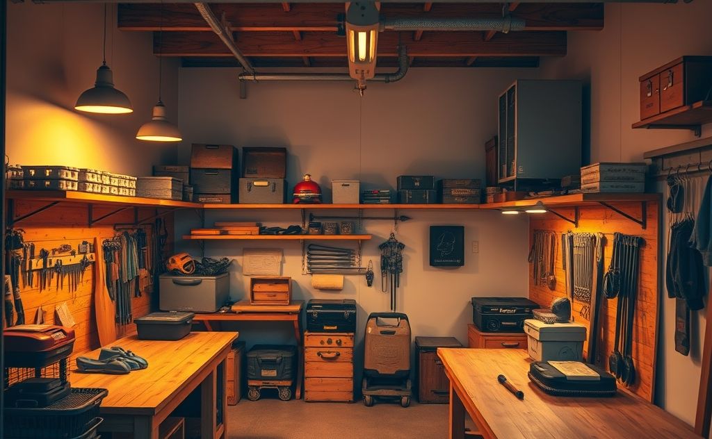 A cozy garage with a heating unit and warm lighting.