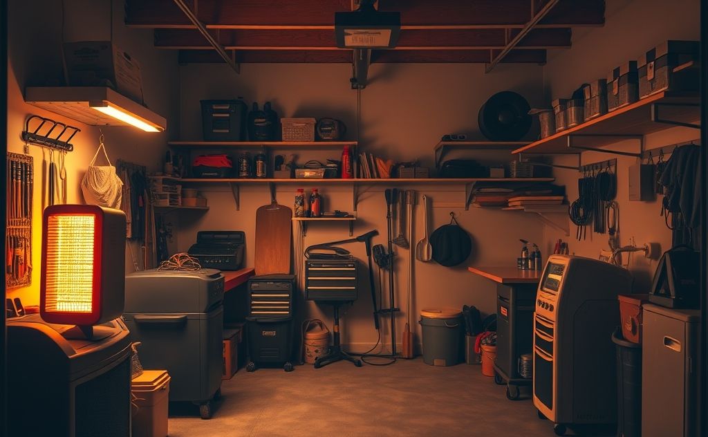 A cozy garage with an electric space heater providing warmth.