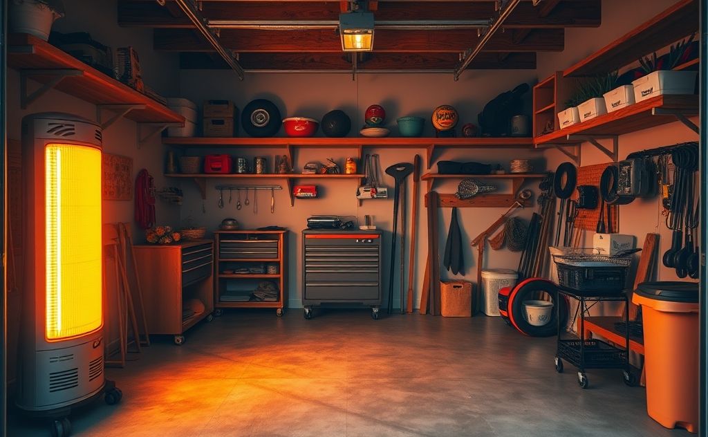 A cozy garage with an infrared heater warming the space.