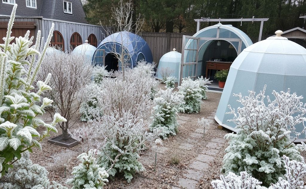 A cozy garden covered with frost blankets and protective cloches.