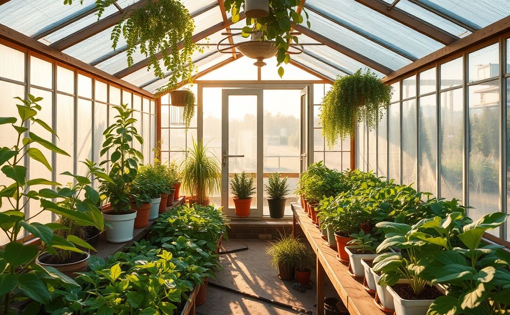 A cozy greenhouse filled with thriving plants and warm sunlight.