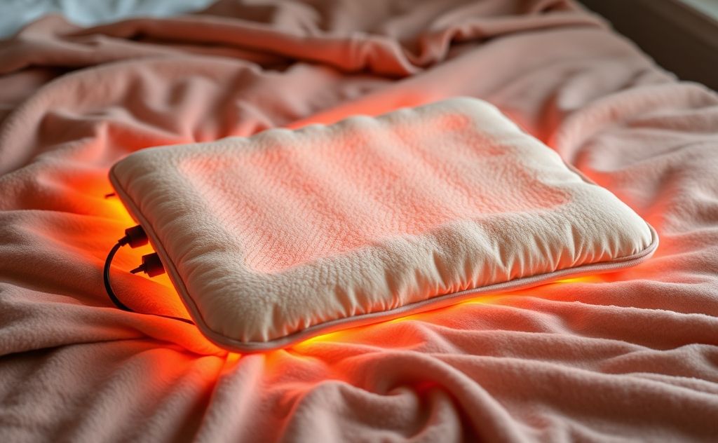 A cozy heating pad on a soft blanket with a warm glow.