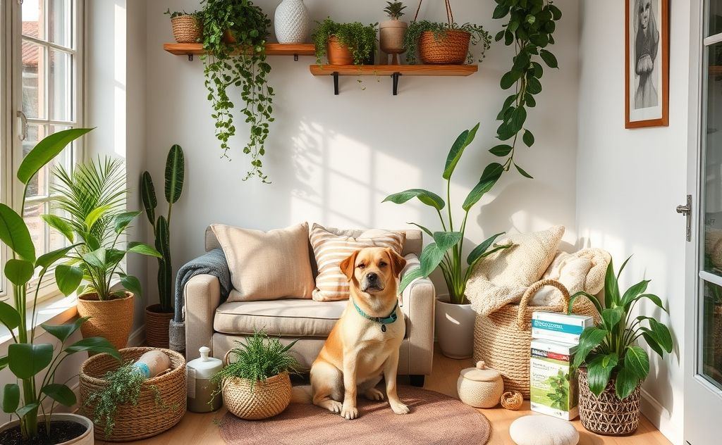 A cozy home environment with plants and pet-friendly products.