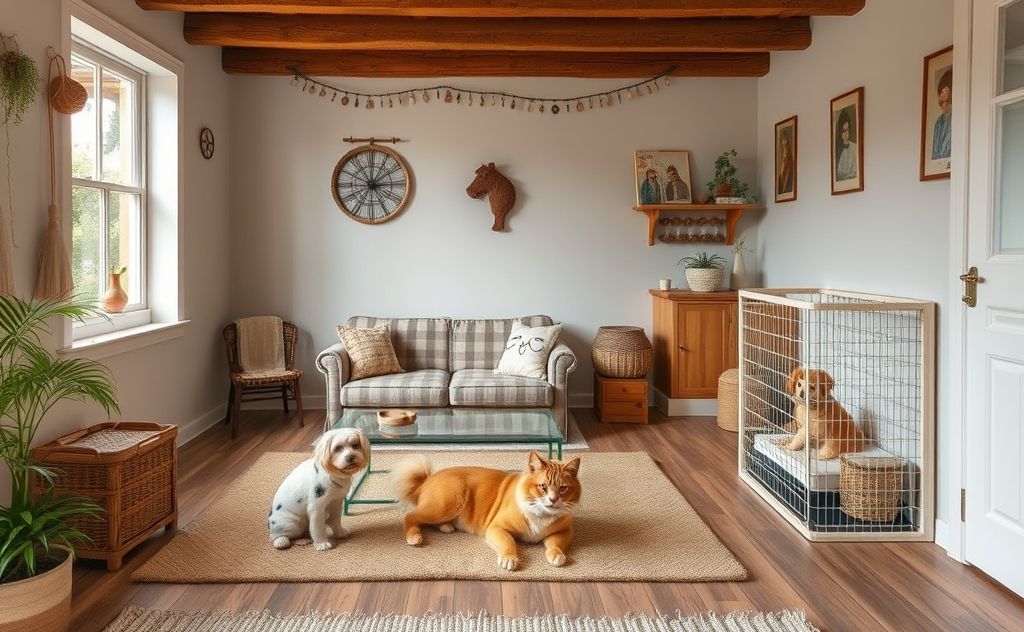 A cozy home environment with secure pet areas and safety measures.