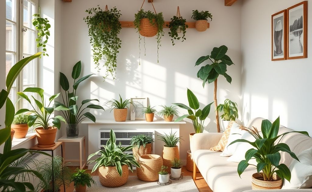 A cozy home interior filled with plants and natural cleaning products.
