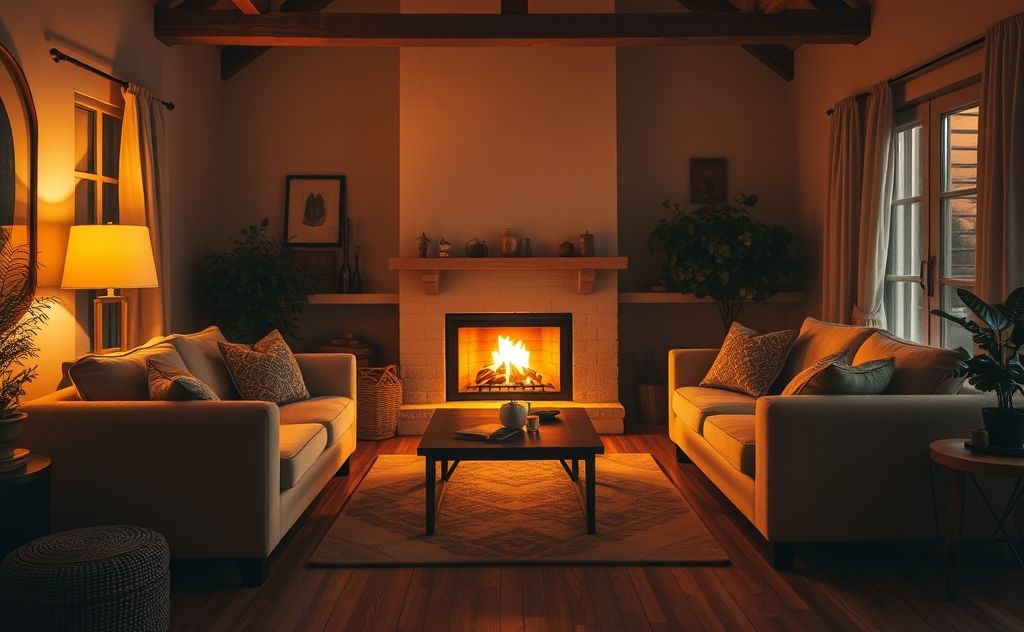 A cozy home interior with a glowing fireplace and warm lighting.