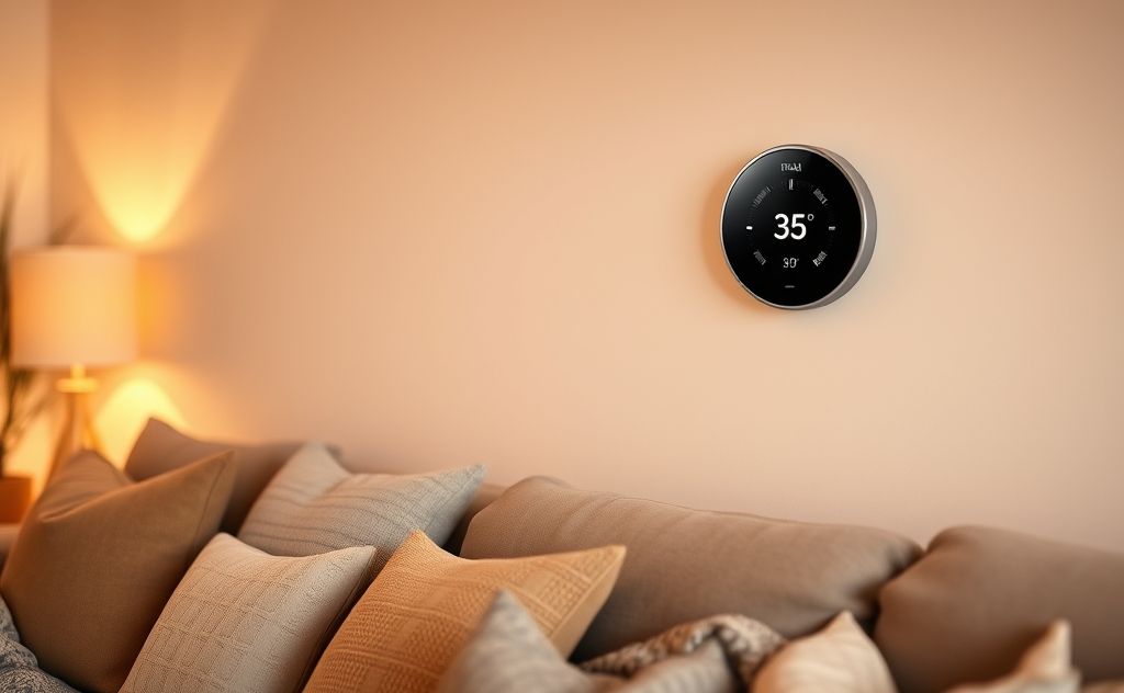 A cozy home interior with a thermostat displaying optimal heating settings
