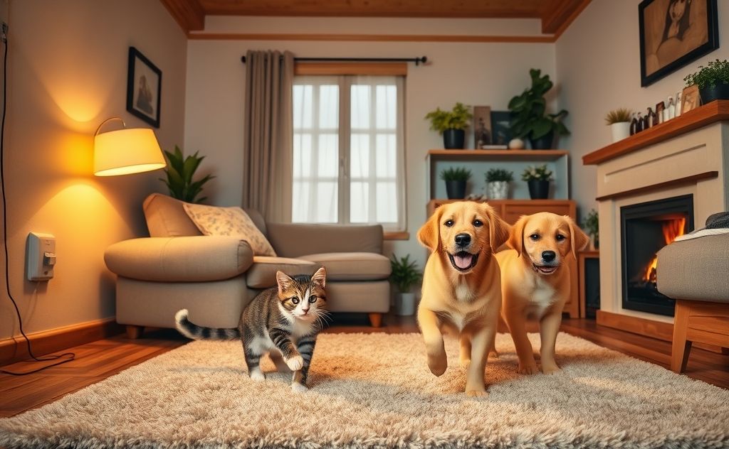 A cozy home interior with covered electrical cords and playful pets.