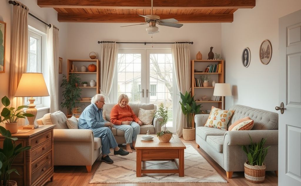 A cozy home interior with safety features for elderly residents.