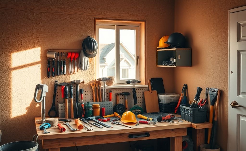 A cozy home interior with tools and safety gear for repairs.