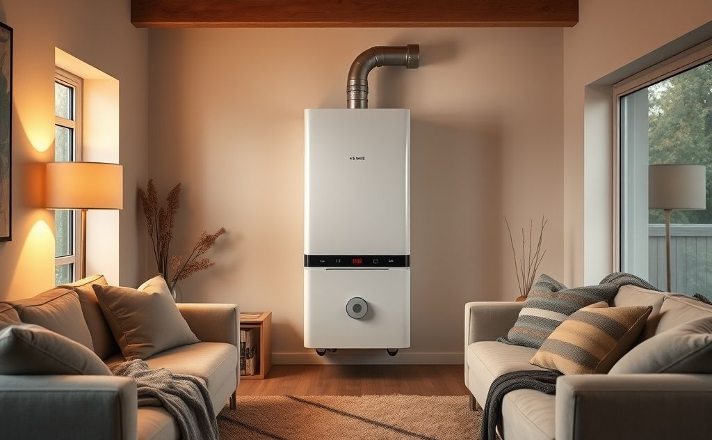 A cozy home setting with a modern hot water heater in focus.