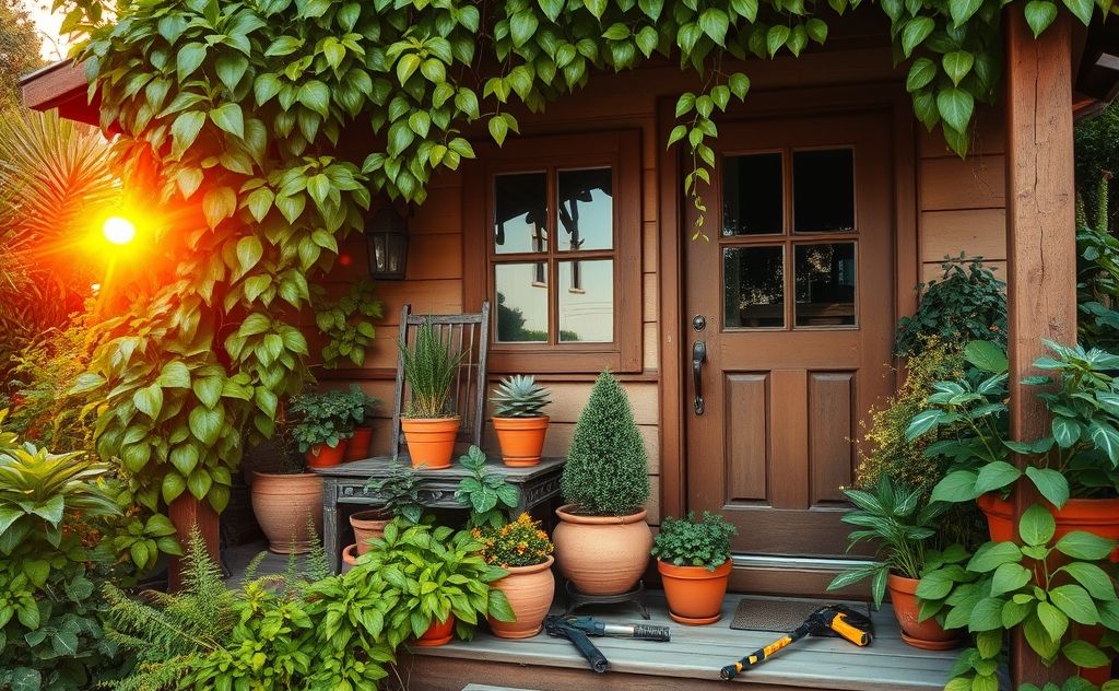 A cozy home surrounded by plants with pest control tools nearby.
