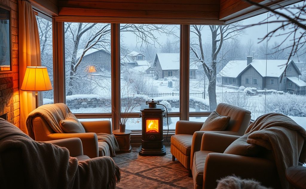 A cozy home with a glowing oil heater surrounded by winter scenery.