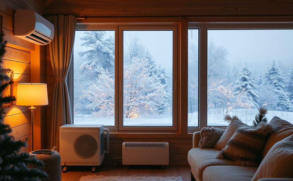 A cozy home with a heat pump and a snowy winter landscape outside.