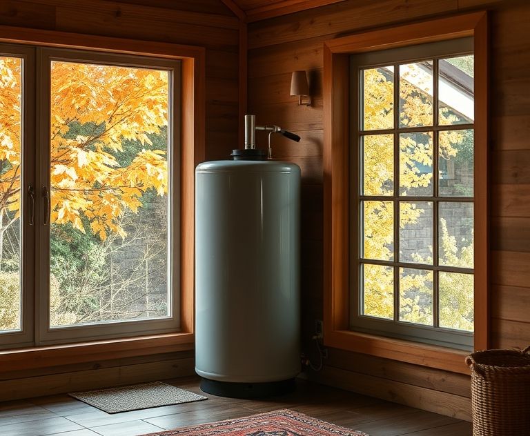 A cozy home with a heating oil tank and autumn leaves outside.