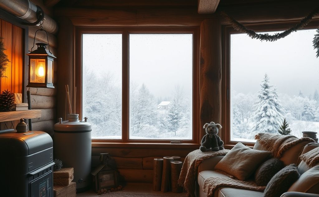 A cozy home with a heating oil tank and winter scenery outside.