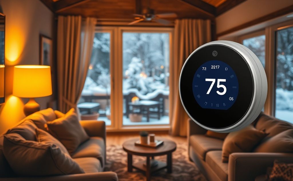 A cozy home with a thermostat set to a warm winter temperature.