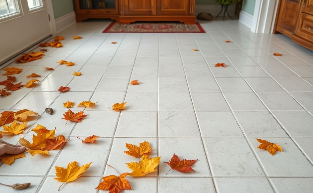 A cozy home with clean grout and autumn leaves on the floor.