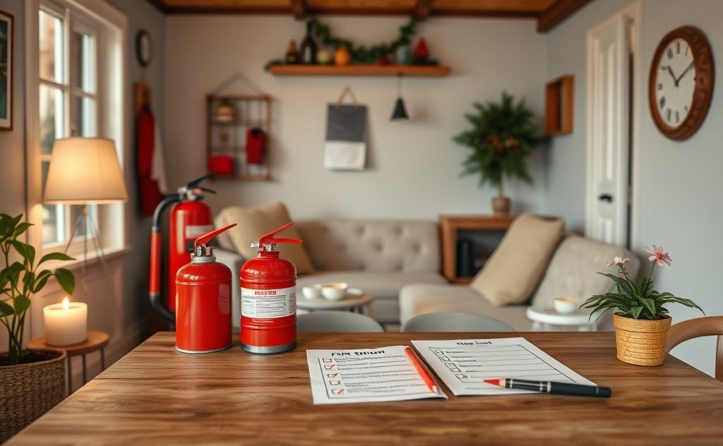 A cozy home with fire safety equipment and a checklist on a table.