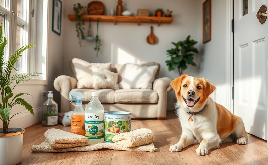 A cozy home with natural cleaning supplies and a happy pet nearby.
