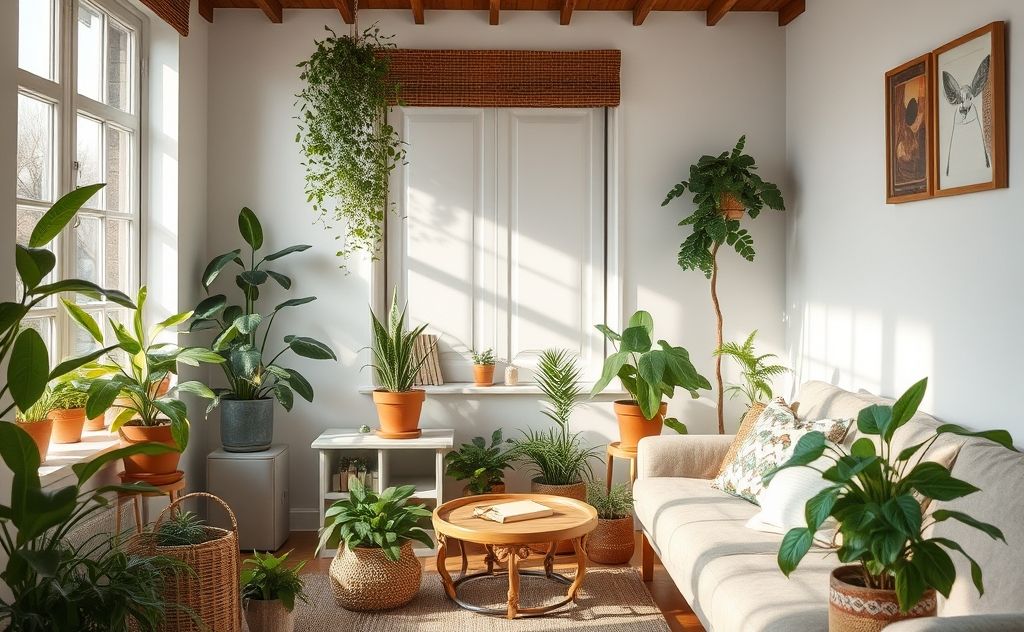 A cozy home with plants purifying the air in a seasonal setting