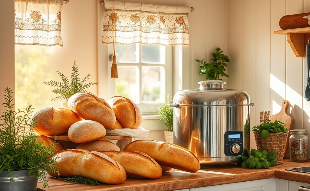 A cozy kitchen scene with a bread maker and fresh loaves of bread.