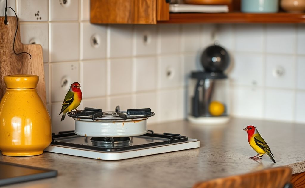 A cozy kitchen setting with a propane stove and colorful finches nearby.