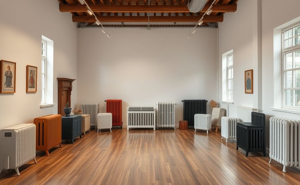 A cozy large room with various heater types displayed.