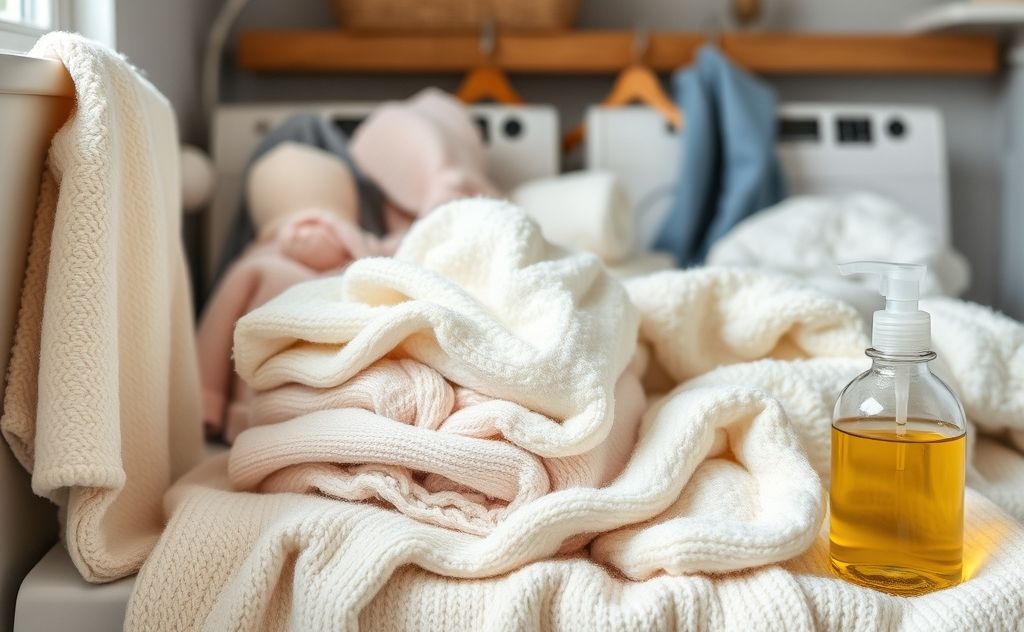 A cozy laundry scene with soft, fluffy clothes and natural fabric softeners.