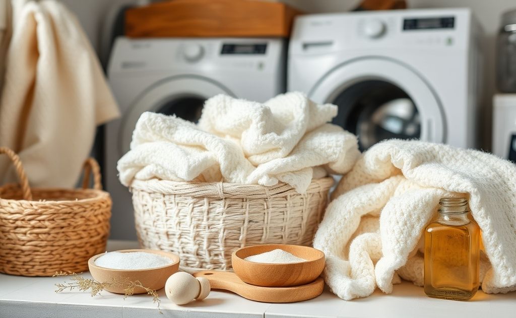 A cozy laundry scene with soft, fluffy clothes and natural ingredients.