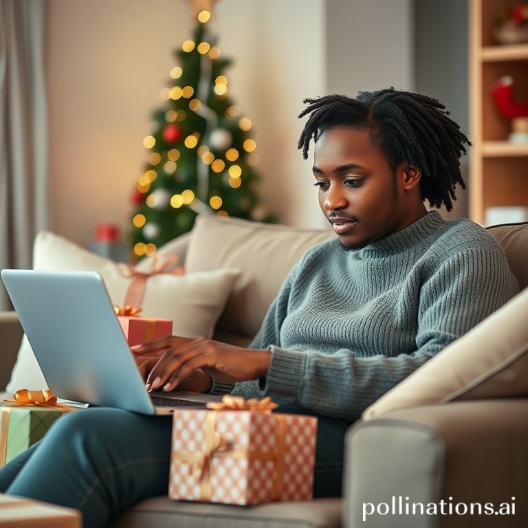 Person shopping online for holiday gifts on a laptop, surrounded by wrapped presents, reflecting the shift to e-commerce amid economic caution.
