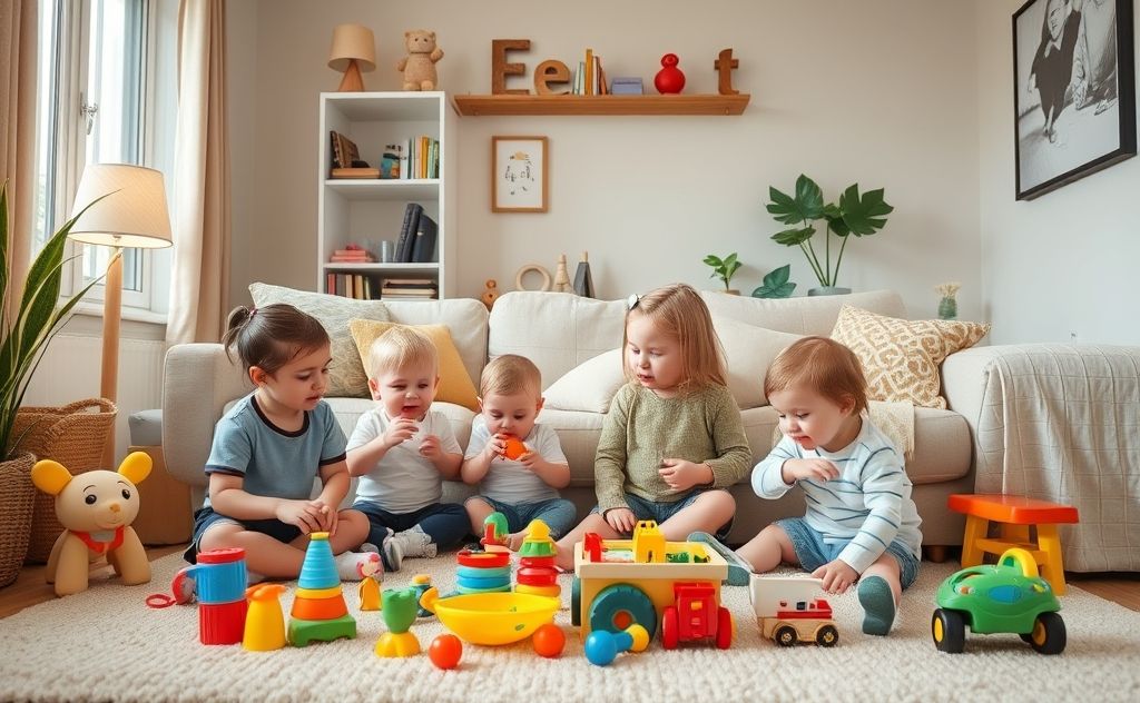 A cozy living room scene with playful toddlers and engaging toys.