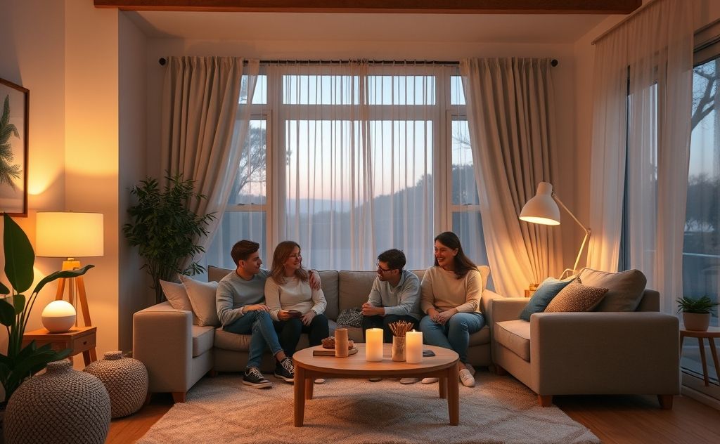 A cozy living room with a family enjoying a calm evening together.