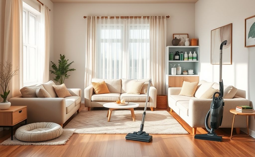 A cozy living room with a pet-friendly cleaning setup.
