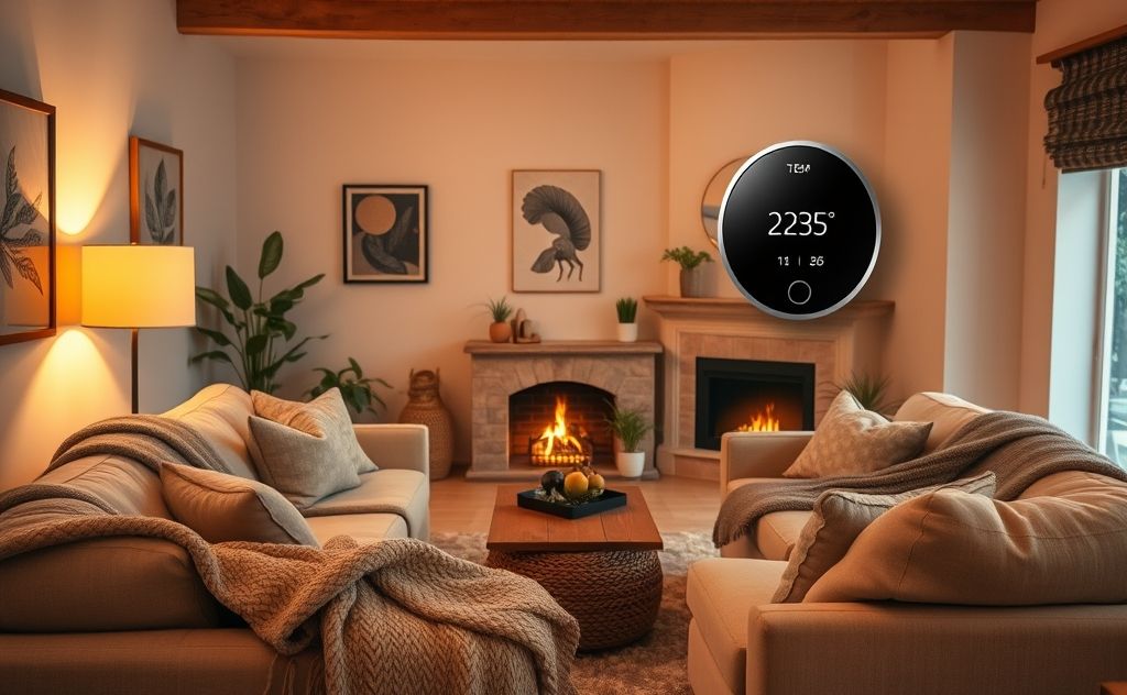 A cozy living room with a thermostat displaying a comfortable temperature.