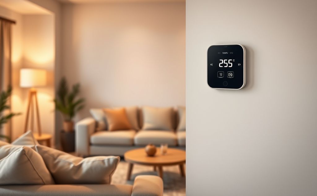 A cozy living room with a thermostat set to a comfortable temperature.