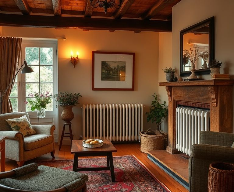 A cozy living room with a warm glow from a radiator or heater.