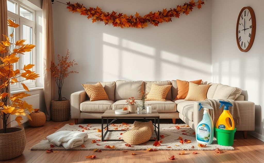 A cozy living room with autumn leaves and cleaning supplies.