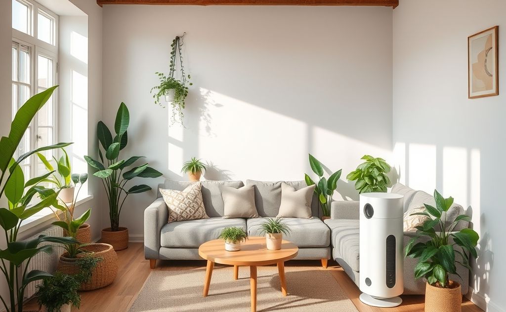 A cozy living room with indoor plants and an air purifier.