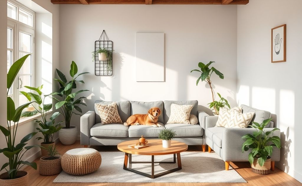 A cozy living room with pet-friendly plants and a clean environment.