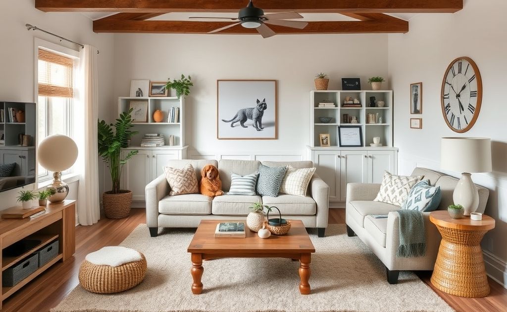 A cozy living room with pet-friendly storage solutions and decor.