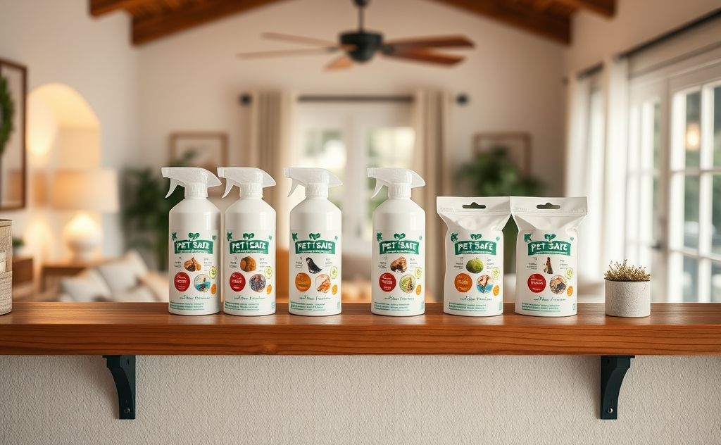 A cozy living room with pet-safe air fresheners on a shelf.