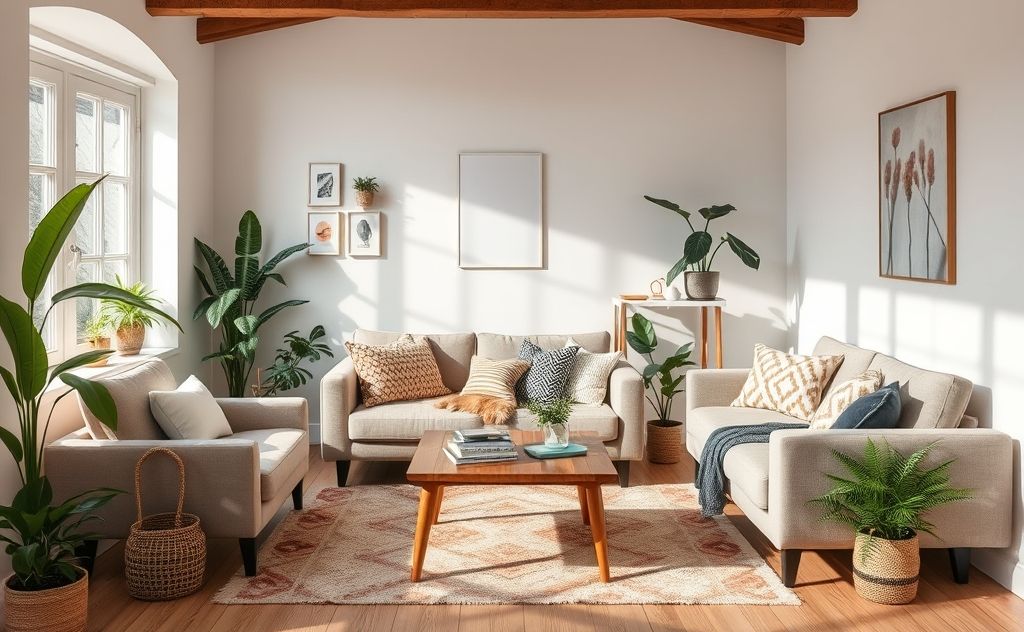 A cozy living room with pet-safe furniture and plants.